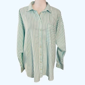 Loft Gr. L 100% Baumwolle Knopfleiste vorne Top Shirt grün weiß gestreift Oversize - Bild 1 von 4