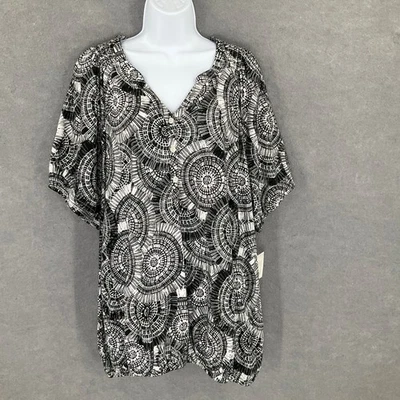Croft & Barrow Womens 3X Black White Pattern Blouse Peasant Short Sleeve Top - Image 1 of 4