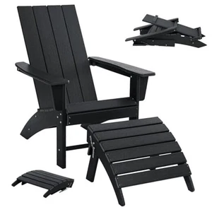 Folding Adirondack Chair with Ottoman Weather Resistant Foldable Fire Pit Black - Picture 1 of 8