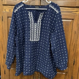 Talbots Tunic Blouse Top 3X Swiss Dot Embroidered Navy Blue Beach - Picture 1 of 7