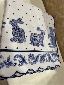 Rachel Roy Tablecloth Chinoiserie Bunny Allover Blue White Scalloped 60”x84” - Picture 1 of 7