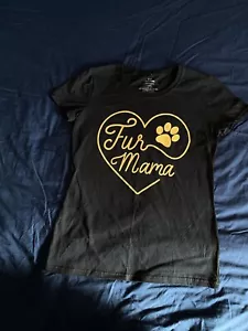 Small Black Ladies Fitted Tee Fur Mama Heart Gold Foil Paw Print Tshirt - Picture 1 of 2