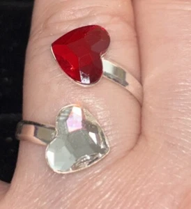 Silver Adjustable Heart Ring With Swarovski Crystals Red And White - Picture 1 of 4