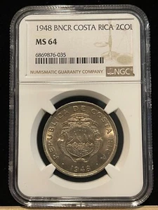 COSTA RICA 2 Colones 1948, NGC MS 64 Choice UNC Uncirculated, Fully Lustrous. A2 - Picture 1 of 2