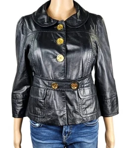 Juicy Couture Leather Jacket Black Soft Womens Small Buttons Belt Collar  - Picture 1 of 8
