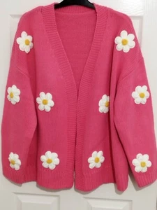 Pink Floral Knitted Cardigan Plus Size, Crochet Daisies/Flowers, Hippie Boho 70s - Picture 1 of 6
