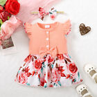 Newborn Baby Girls Floral Ruffle Romper Dress Headband Ribbed Sets Infant Outfit