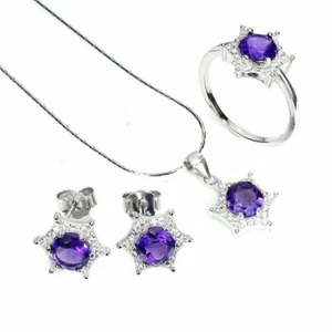 Silver Amethyst Ring Earring Pendant Genuine Natural Gems Solid Sterling Size M - Picture 1 of 24