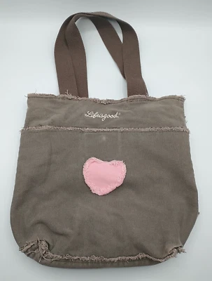 Bolso de Mano Life is Good de Lona Grande Marrón Corazón Bordado Bolsillo Interior Foto 1 de 4