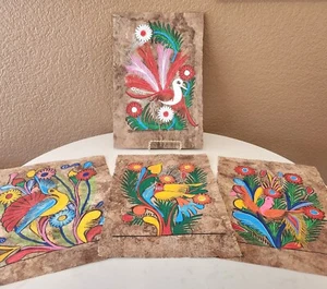 Bark Paintings Floral Birds Bright Colors- Set of 4 Mexico - Picture 1 of 6