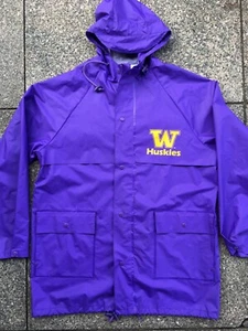 Vtg Washington Huskies Jacket Rain Hooded PVC 80s 90s UW sz Med / Large - Picture 1 of 3
