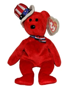 2003 ""SAM"" TY ORIGINAL BEANIE BABYS ROT MIT PATRIOTISCHEM MÜTZE BÄR 8,5"" ETIKETT - Bild 1 von 3