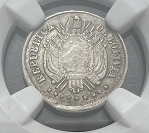 1872 PTS FE Bolivia 5c KM-156.3 Mint Error Silver Coin NGC AU55 - Picture 1 of 4