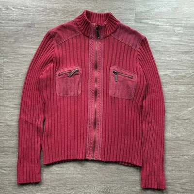 Женский 90-х кожаный вязаный свитер розовый размер большой оборки тесаный полный молнии винтажный - Изображение 1 из 4