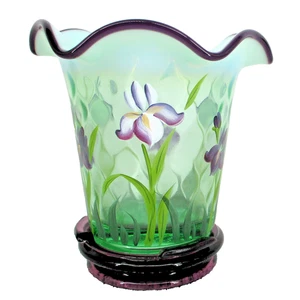 Fenton grüne Opalglas Vase lila Iris mit Sockel signiert Designer Vitrine Serie - Bild 1 von 10