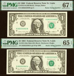 1981 & 1985 $1 FRN PMG 67EPQ - Matching Radar Serial Number St Louis - 26222262 - Picture 1 of 6