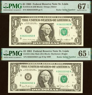 1981 & 1985 $1 FRN PMG 67EPQ - Matching Radar Serial Number St Louis - 26222262 - Image 1 of 4