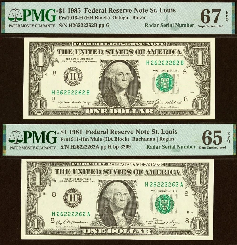 1981 & 1985 $1 FRN PMG 67EPQ - Matching Radar Serial Number St Louis - 26222262 - Image 1 of 4