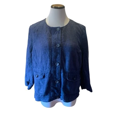 J Jill Jacket Womens Large Blue Linen Button Coat Beachy Coastal Relaxed Pocket - Image 1 of 4
