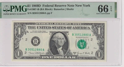Fr 1907-Bm 1969D $1 FRN B30512880A bp1530 MULE PMG 66EPQ NEW YORK 1969-D SERIES - Image 1 of 2