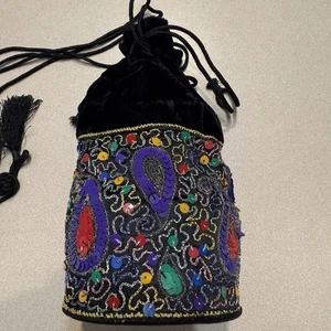 Black Velvet Small Beaded Pouch Bag Purse Boho Sequins Drawstring Tassle - Picture 1 of 11