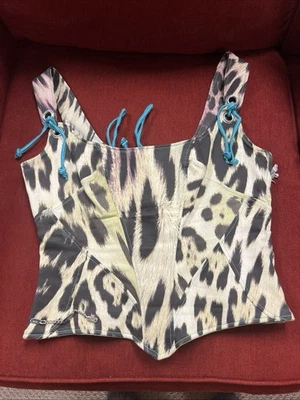 ROBERTO CAVALLI 复古动物猎豹印花系带紧身胸衣上衣罕见!! — 第 1/4 张图片