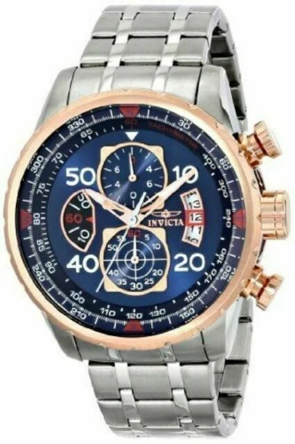 Invicta 48mm Aviator Chronograph Blue Dial 18K Rose Gold Plated SS Watch Nice!! - Image 1 of 1