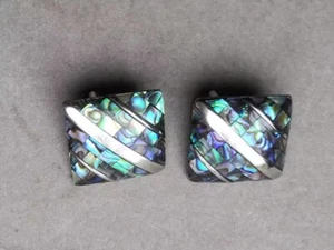 Abalone Shell with Shiny Silver Tone Metal Inlay Square 23mm Clip on Earrings - Picture 1 of 10