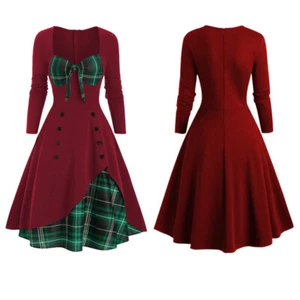 Womens' Retro Plaid Check Skater Dress Steampunk Gothic Rockabilly Swing Dress - Picture 1 of 21