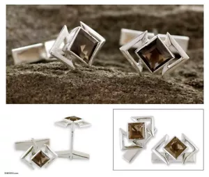 Natural Smoky Quartz Gemstone with 925 Sterling Silver Cufflink #2495 - Picture 1 of 4