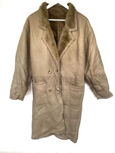 Ladies Vintage Leather Coat Shearling Sheepskin Long Overcoat Beige 2XL UK 20
