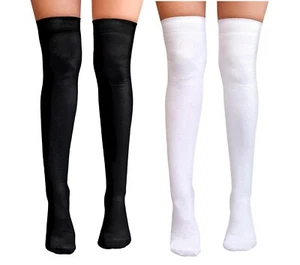 2 Pairs Of Girls Plain Over The Knee High Socks Cotton Rich Black White UK 4-5.5 - Picture 1 of 5