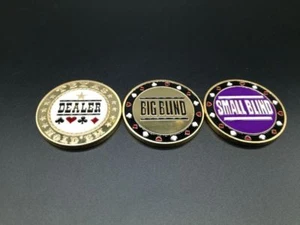 Set of 3 Metal Chip Poker Buttons - Small Blind, Big Blind and Dealer NEW USA - Picture 1 of 1