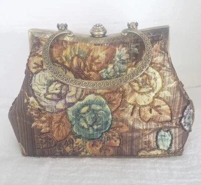 Vintage Beaded Handbag Evening Bag Metal Handle Or Chain Brown Gold Blue - Image 1 of 4