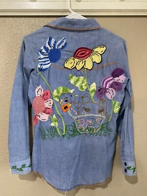 VTG 70s JC Penney Embroidered Chambray Shirt Womens 14 XS Hippie Turtle Flowers - Image 1 of 4
