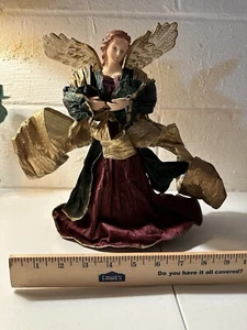 Vintage Cartapesta Style 12” Gold Burgundy Green Angel Tree Topper Paper Mache - Picture 1 of 6
