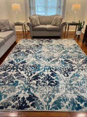 Alfombra de piso de diseño floral interior 8x11,5x8 totalmente nueva en crema/azul Foto 1 de 2