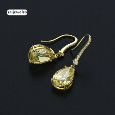 Pendientes colgantes de diamantes creados en laboratorio en forma de pera de 3 quilates para mujer con acabado de oro amarillo de 14 quilates Foto 1 de 4