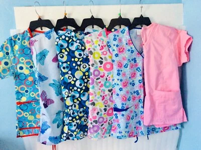 SET OF 6 Scrubs Shirt XS/S Multi-color Medical Dental Nursing Scrubs Vet Tech - Image 1 of 4