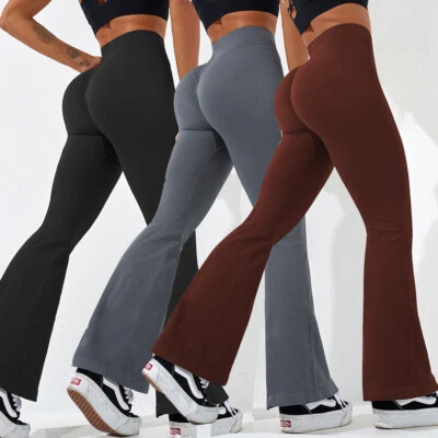 Womens Flare Scrunch Leggings V Cross Waist Tummy Control Bell Bottom Yoga Pants - Image 1 of 4