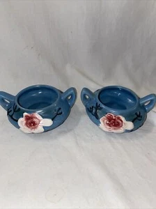 Pair Of Roseville Pottery Handled Small Bowl, Pink Flower Blue Bowl  04 - Picture 1 of 9