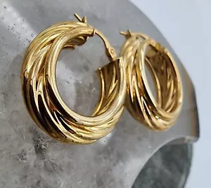 14k .585 Yellow Gold 1" Croissant Twist Oval 4.2g Hoop Earrings Au 24299 - Picture 1 of 7