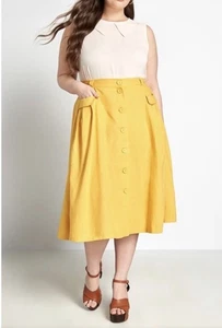 Modcloth A-Linie Rock Gr. 8 gelb Leinenmischung Taschen Knöpfe Twee Retro *defekt - Bild 1 von 9