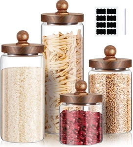 Juego de 4 frascos de almacenamiento de vidrio, contenedores de almacenamiento de alimentos transparentes con tapas de madera Airt - Imagen 1 de 7