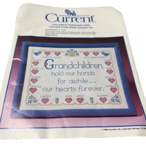 Current Children Personalized Cross Stitch Sampler Kit Hearts Flowers Pink Blue - Picture 1 of 12