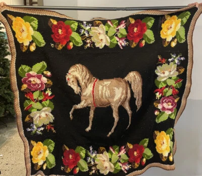 Woven Tapestry Horse Throw Blanket 52x52” Handmade Vtg Tunisian Crochet Floral - Image 1 of 4