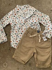 Gap kids Boys New size 5 Dinosaur Button down Shirt and Khaki Shorts XS 4/5