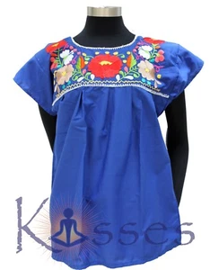Mexican Peasant Blouse Hand Embroidered Top Colors Vintage Style Tunic Brt Blue - Picture 1 of 10