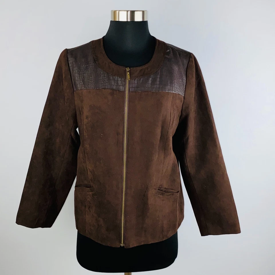 Blazer Studio Works feminino marrom sem colarinho forrado com zíper jaqueta 8 P - Imagem 1 de 4