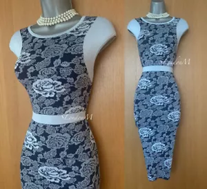 Karen Millen marineblau Blumendruck sizilianisch Strick Cocktail Bodycon Kleid KM-1 UK-8 - Bild 1 von 9
